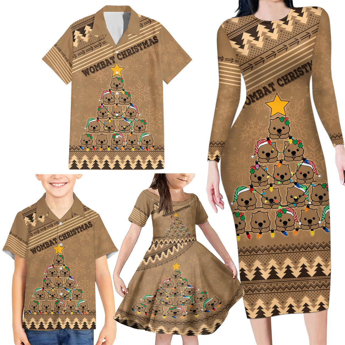 wombat-christmas-tree-family-matching-long-sleeve-bodycon-dress-and-hawaiian-shirt-australia-merry-xmas-simple-style