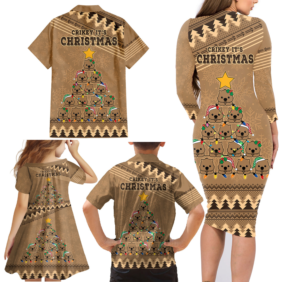 wombat-christmas-tree-family-matching-long-sleeve-bodycon-dress-and-hawaiian-shirt-australia-merry-xmas-simple-style