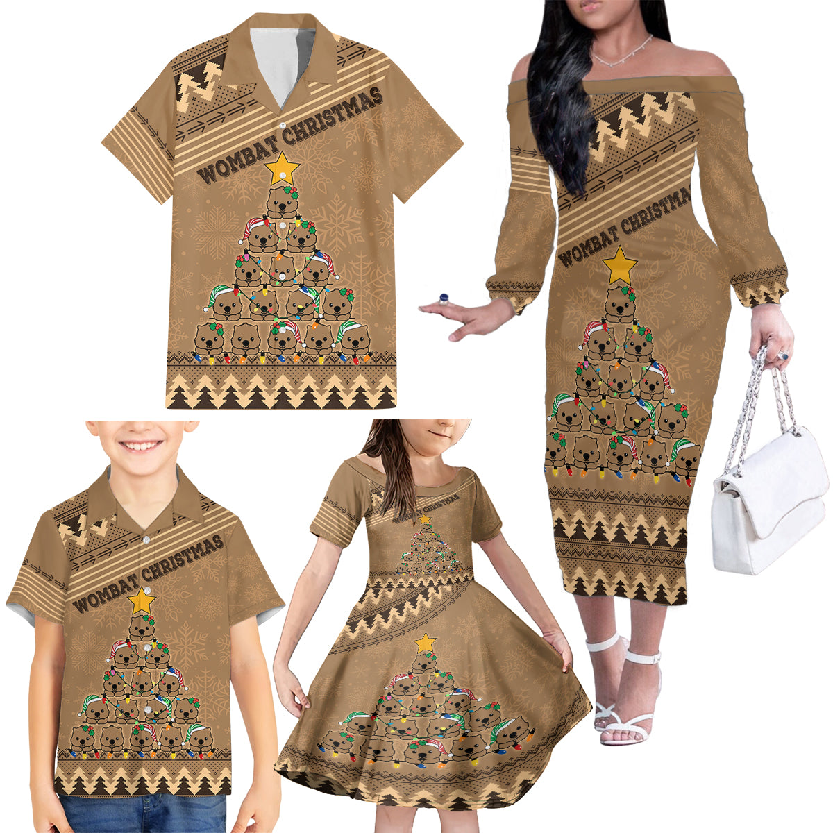 wombat-christmas-tree-family-matching-off-shoulder-long-sleeve-dress-and-hawaiian-shirt-australia-merry-xmas-simple-style