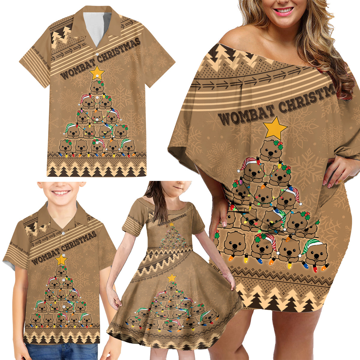 wombat-christmas-tree-family-matching-off-shoulder-short-dress-and-hawaiian-shirt-australia-merry-xmas-simple-style