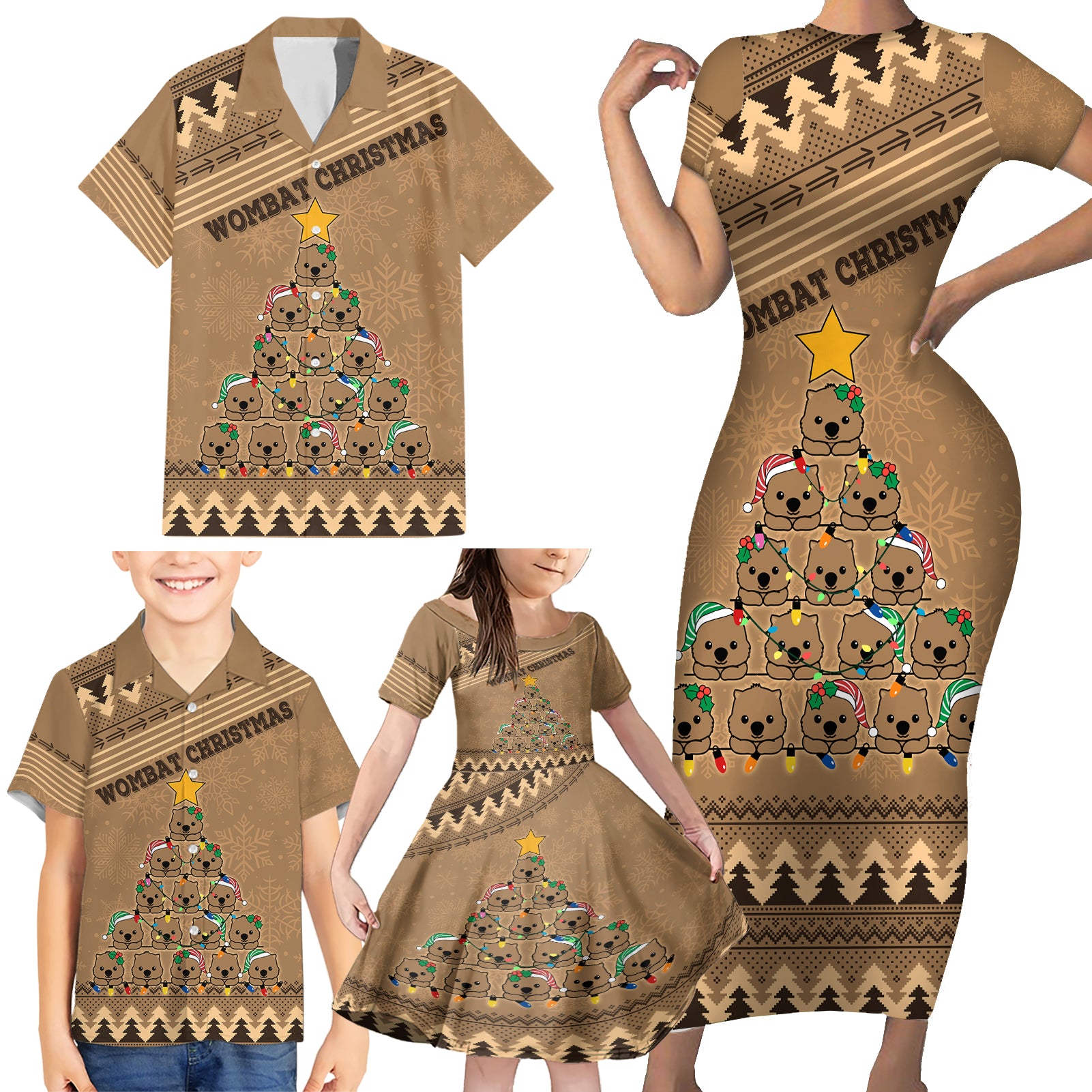 wombat-christmas-tree-family-matching-short-sleeve-bodycon-dress-and-hawaiian-shirt-australia-merry-xmas-simple-style