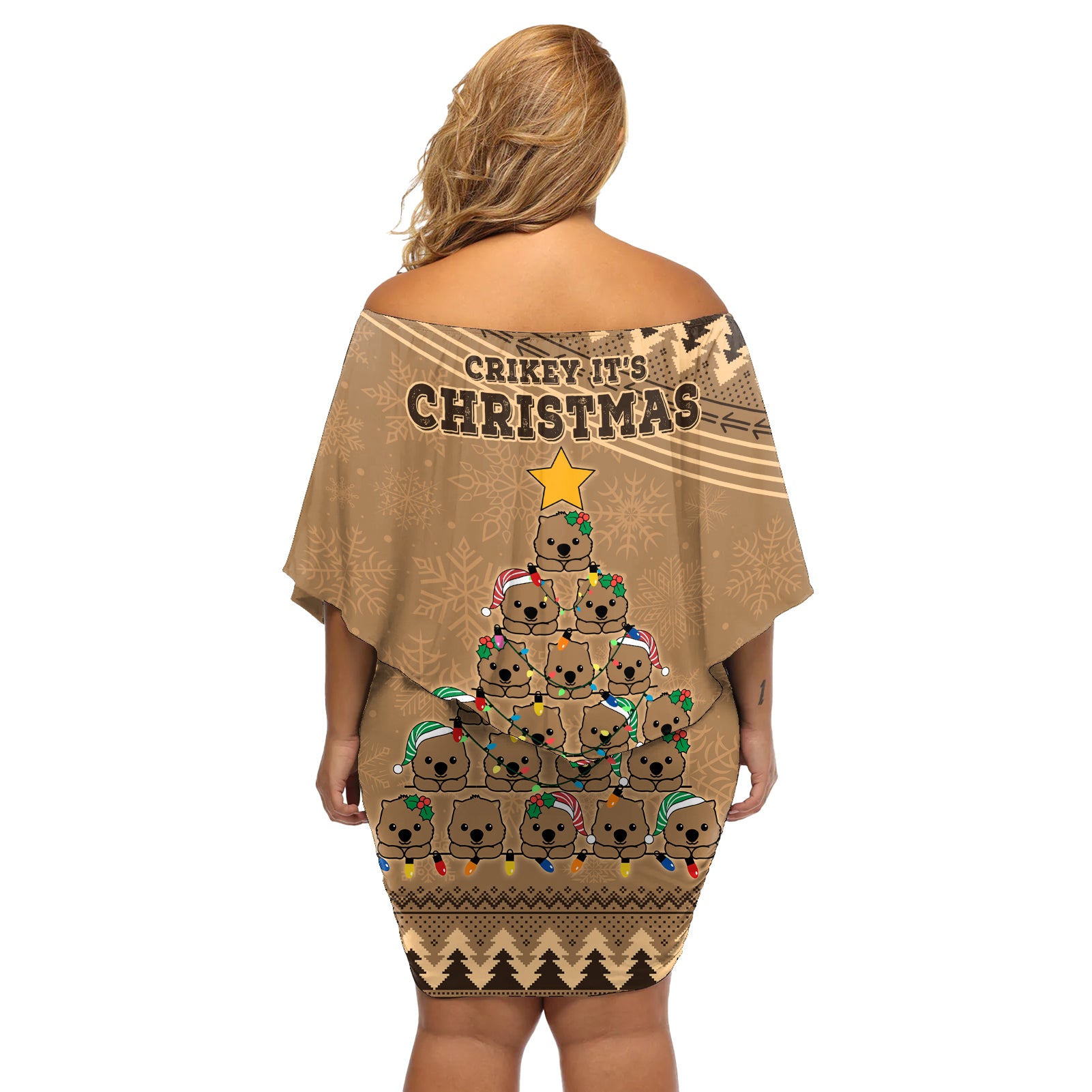 wombat-christmas-tree-off-shoulder-short-dress-australia-merry-xmas-simple-style