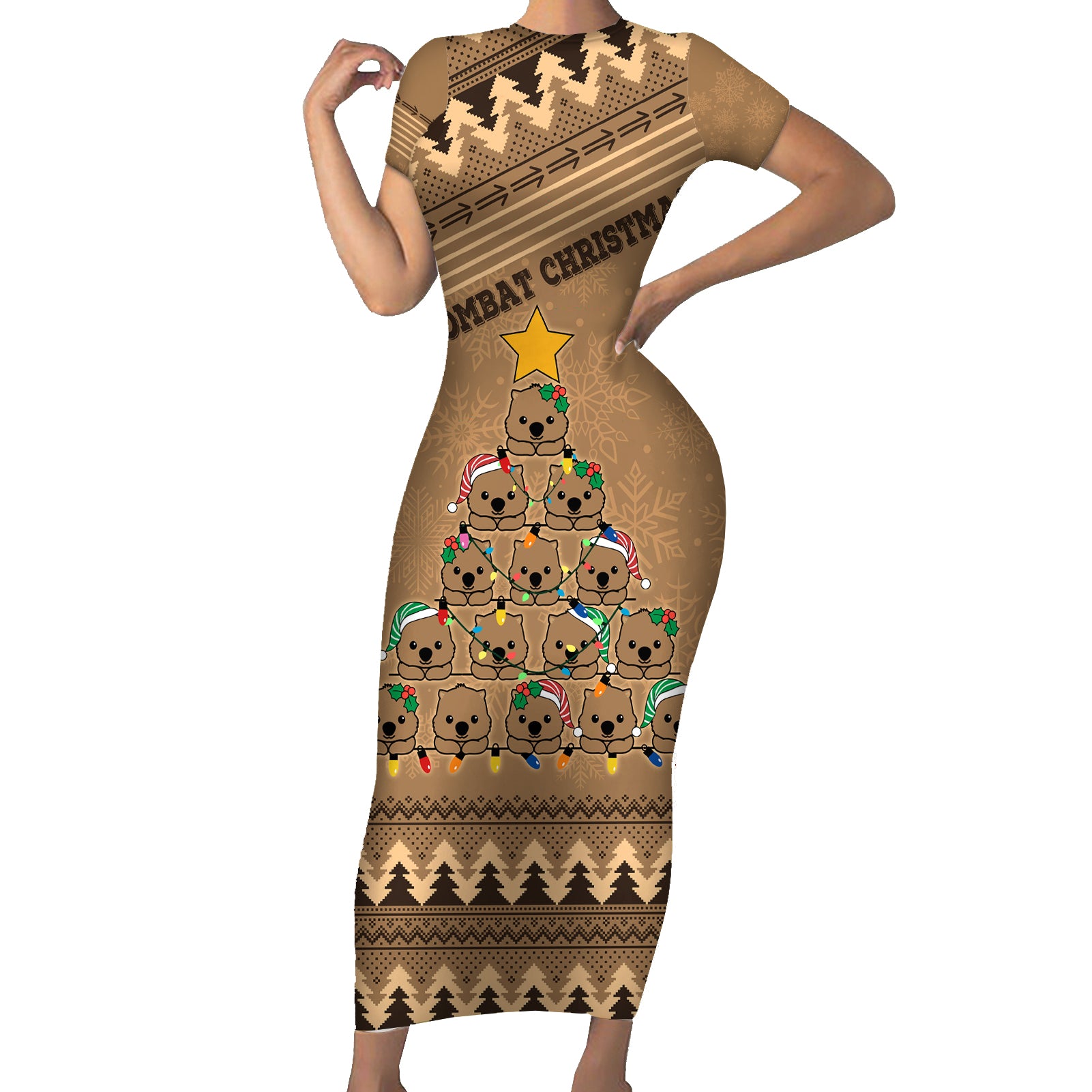 wombat-christmas-tree-short-sleeve-bodycon-dress-australia-merry-xmas-simple-style