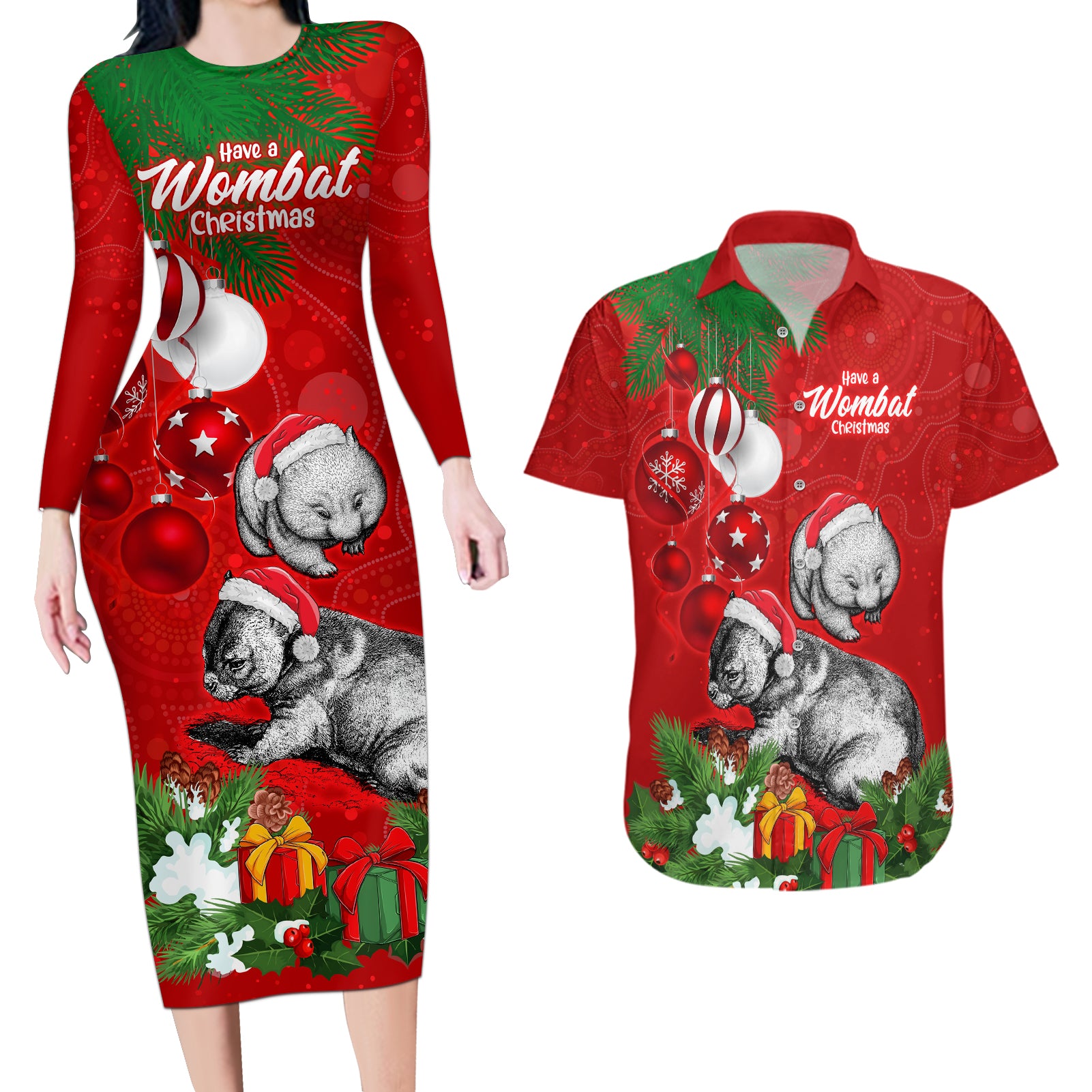 wombat-lover-couples-matching-long-sleeve-bodycon-dress-and-hawaiian-shirt-australia-merry-christmas-aboriginal