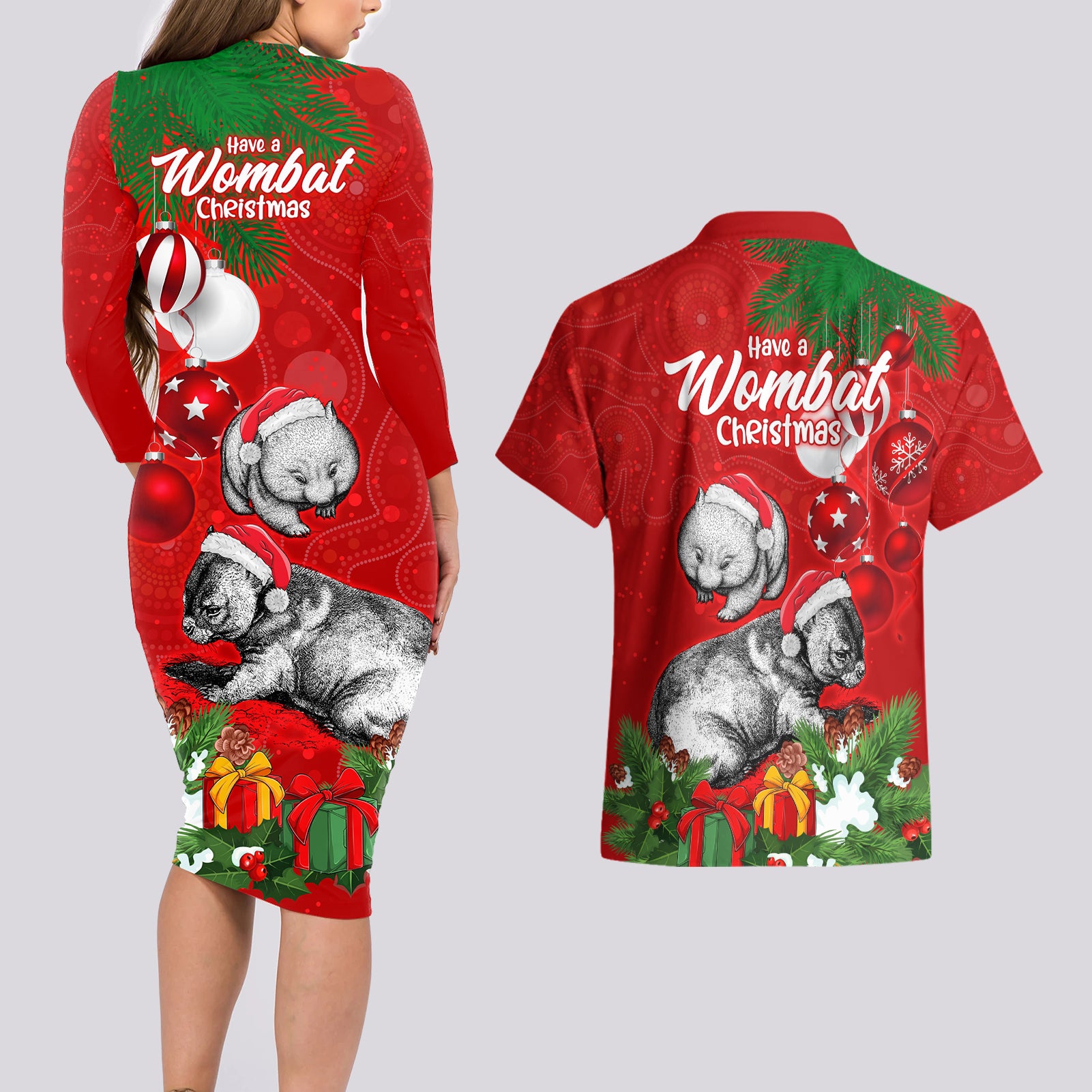 wombat-lover-couples-matching-long-sleeve-bodycon-dress-and-hawaiian-shirt-australia-merry-christmas-aboriginal