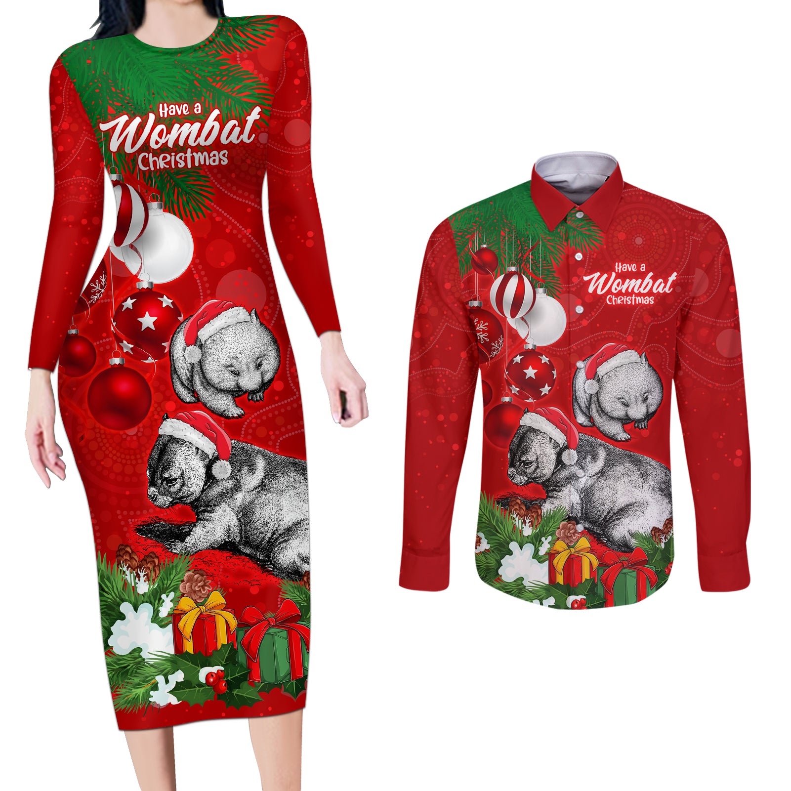 wombat-lover-couples-matching-long-sleeve-bodycon-dress-and-long-sleeve-button-shirt-australia-merry-christmas-aboriginal