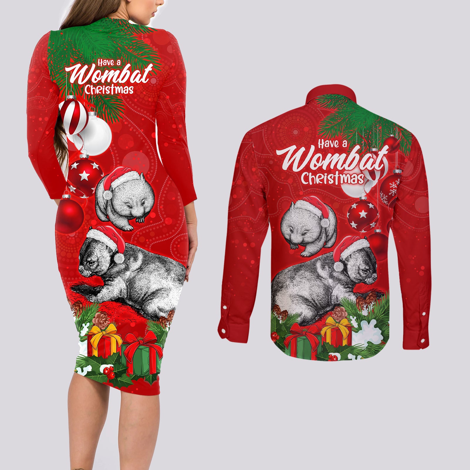 wombat-lover-couples-matching-long-sleeve-bodycon-dress-and-long-sleeve-button-shirt-australia-merry-christmas-aboriginal