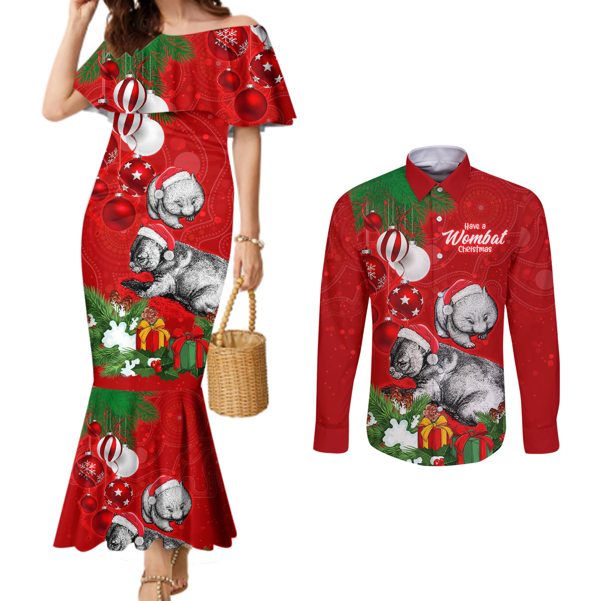 wombat-lover-couples-matching-mermaid-dress-and-long-sleeve-button-shirt-australia-merry-christmas-aboriginal