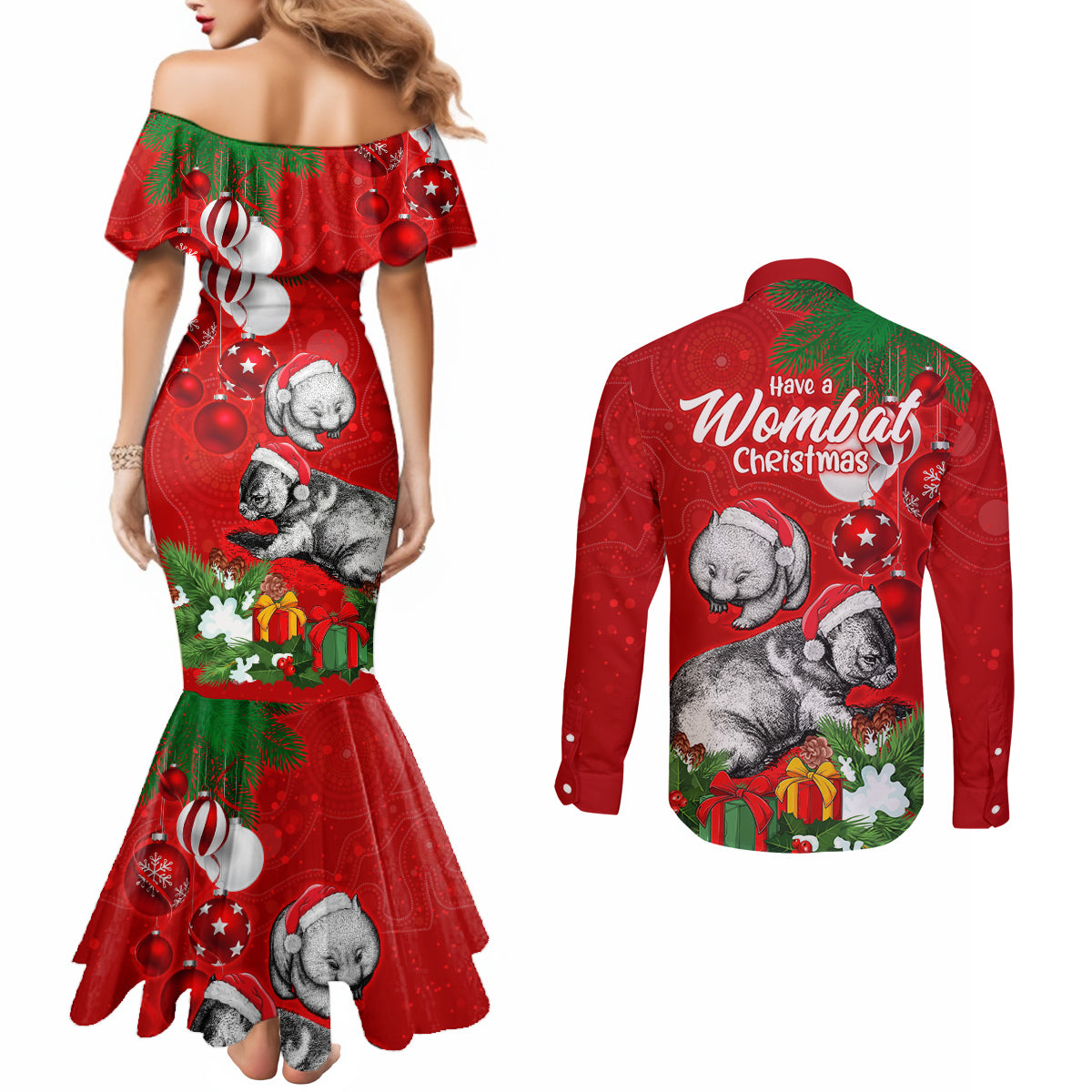 wombat-lover-couples-matching-mermaid-dress-and-long-sleeve-button-shirt-australia-merry-christmas-aboriginal