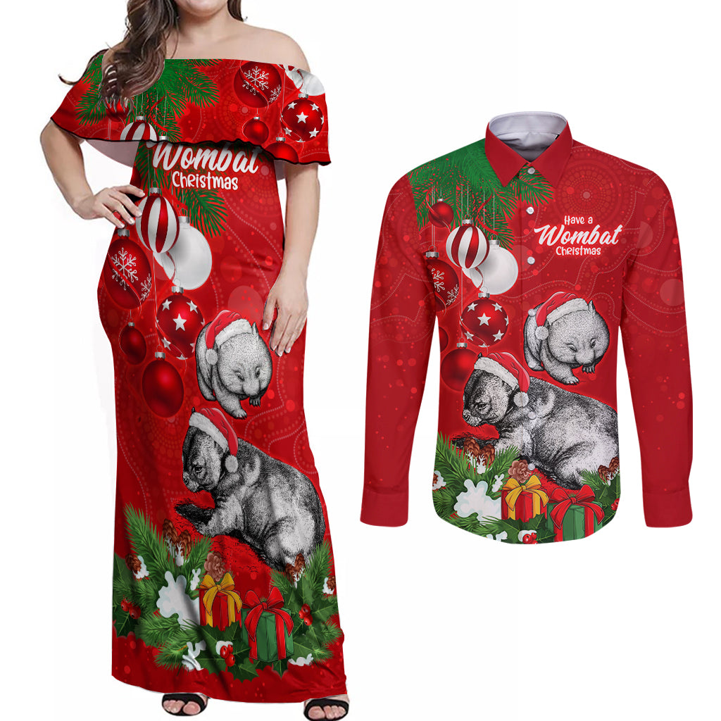 wombat-lover-couples-matching-off-shoulder-maxi-dress-and-long-sleeve-button-shirt-australia-merry-christmas-aboriginal