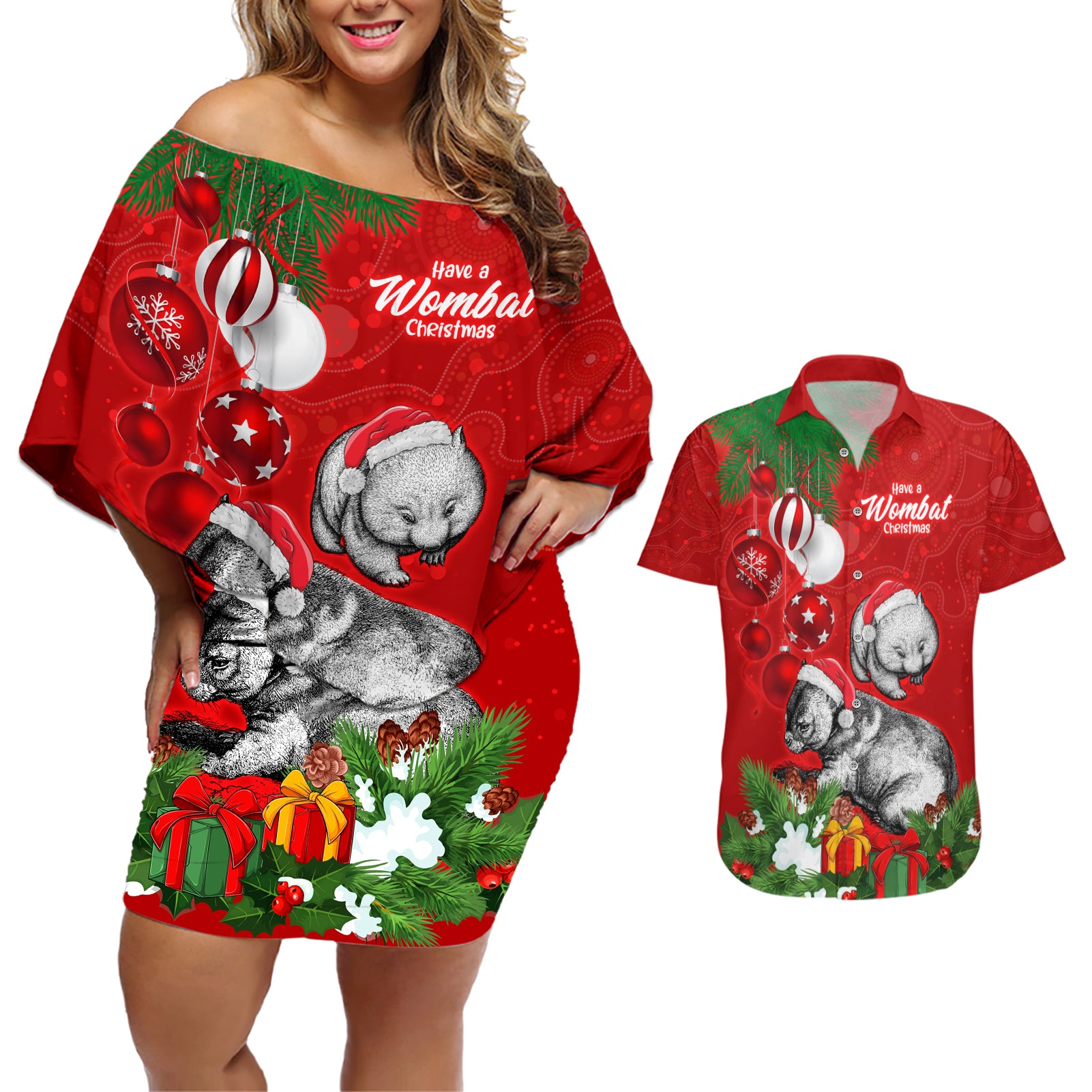 wombat-lover-couples-matching-off-shoulder-short-dress-and-hawaiian-shirt-australia-merry-christmas-aboriginal