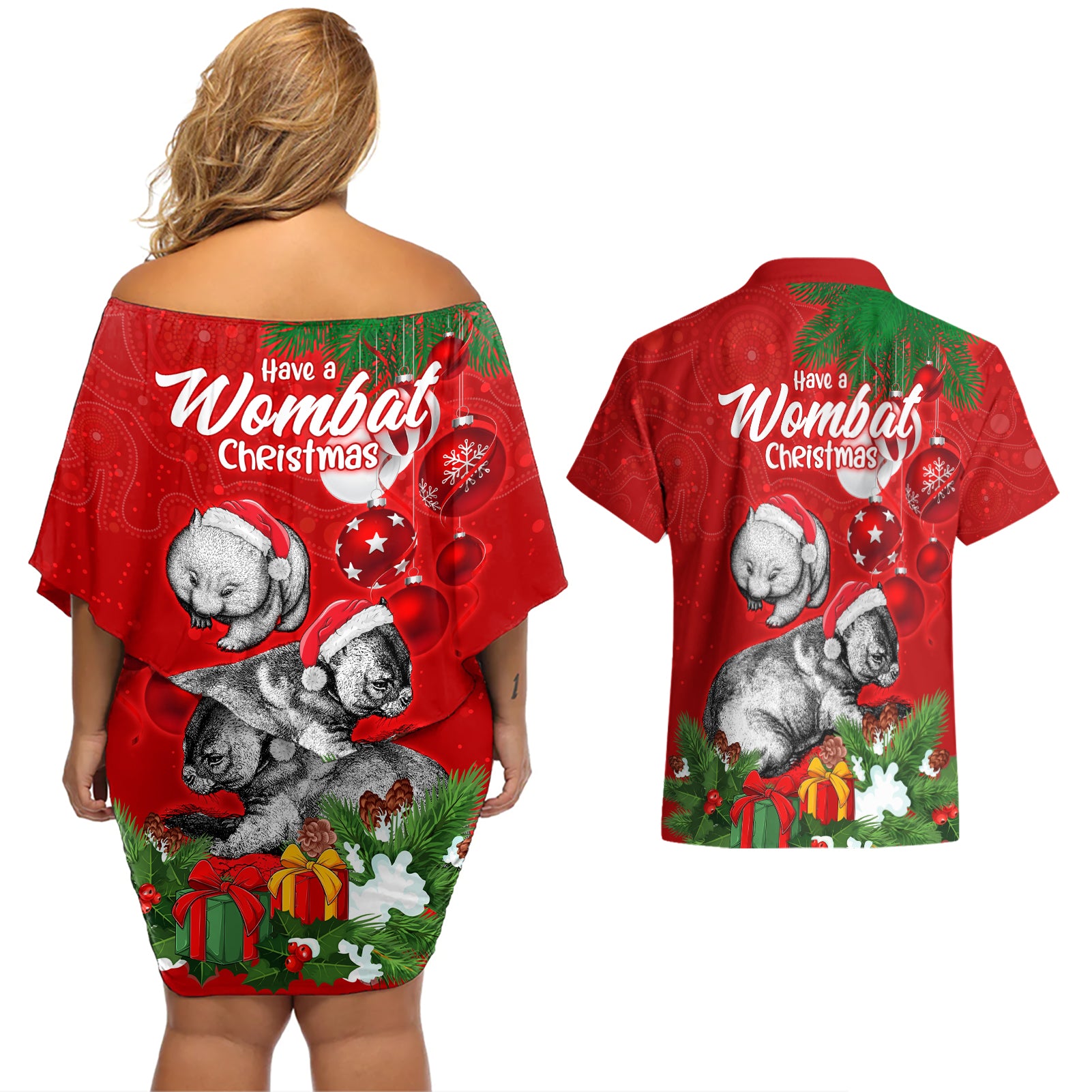 wombat-lover-couples-matching-off-shoulder-short-dress-and-hawaiian-shirt-australia-merry-christmas-aboriginal