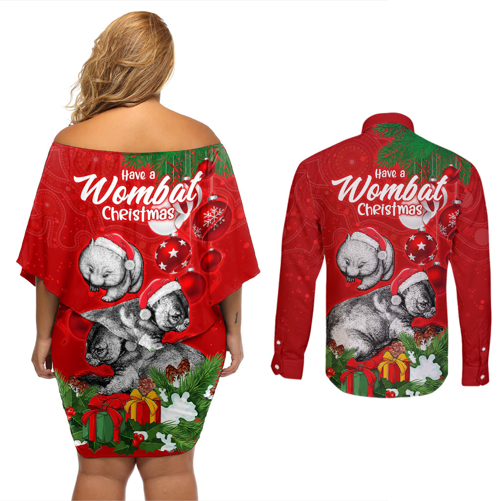 wombat-lover-couples-matching-off-shoulder-short-dress-and-long-sleeve-button-shirt-australia-merry-christmas-aboriginal