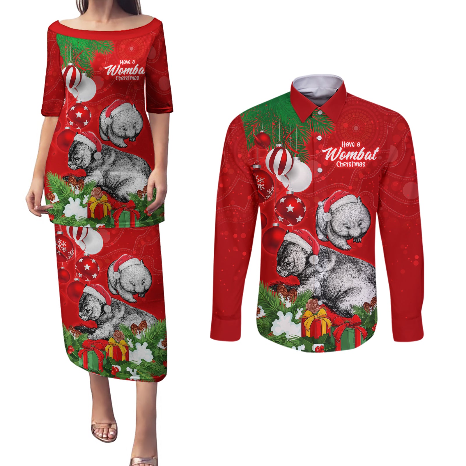 wombat-lover-couples-matching-puletasi-dress-and-long-sleeve-button-shirt-australia-merry-christmas-aboriginal