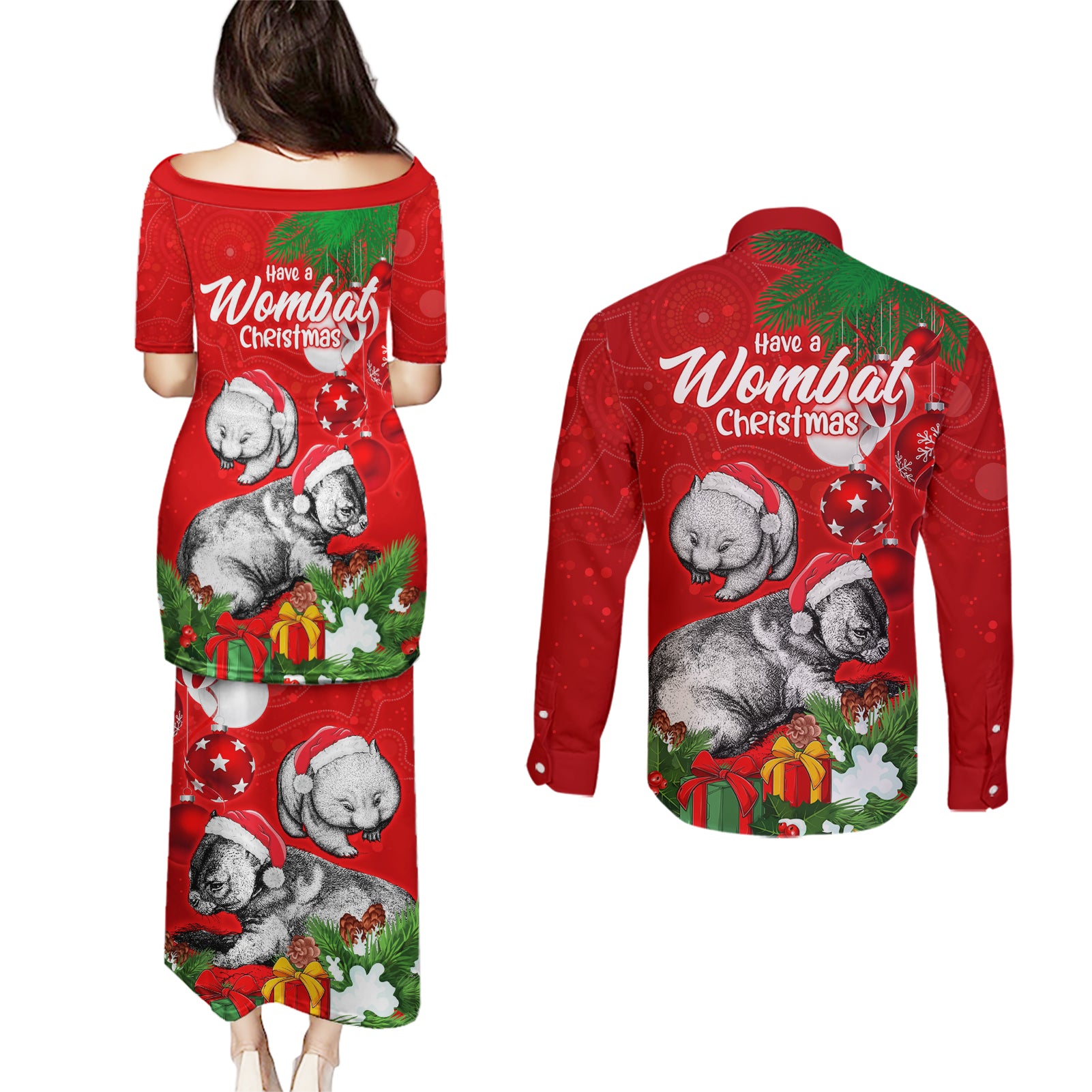 wombat-lover-couples-matching-puletasi-dress-and-long-sleeve-button-shirt-australia-merry-christmas-aboriginal