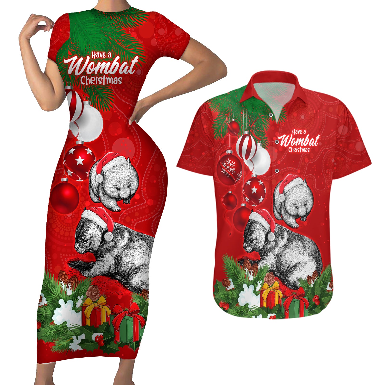 wombat-lover-couples-matching-short-sleeve-bodycon-dress-and-hawaiian-shirt-australia-merry-christmas-aboriginal