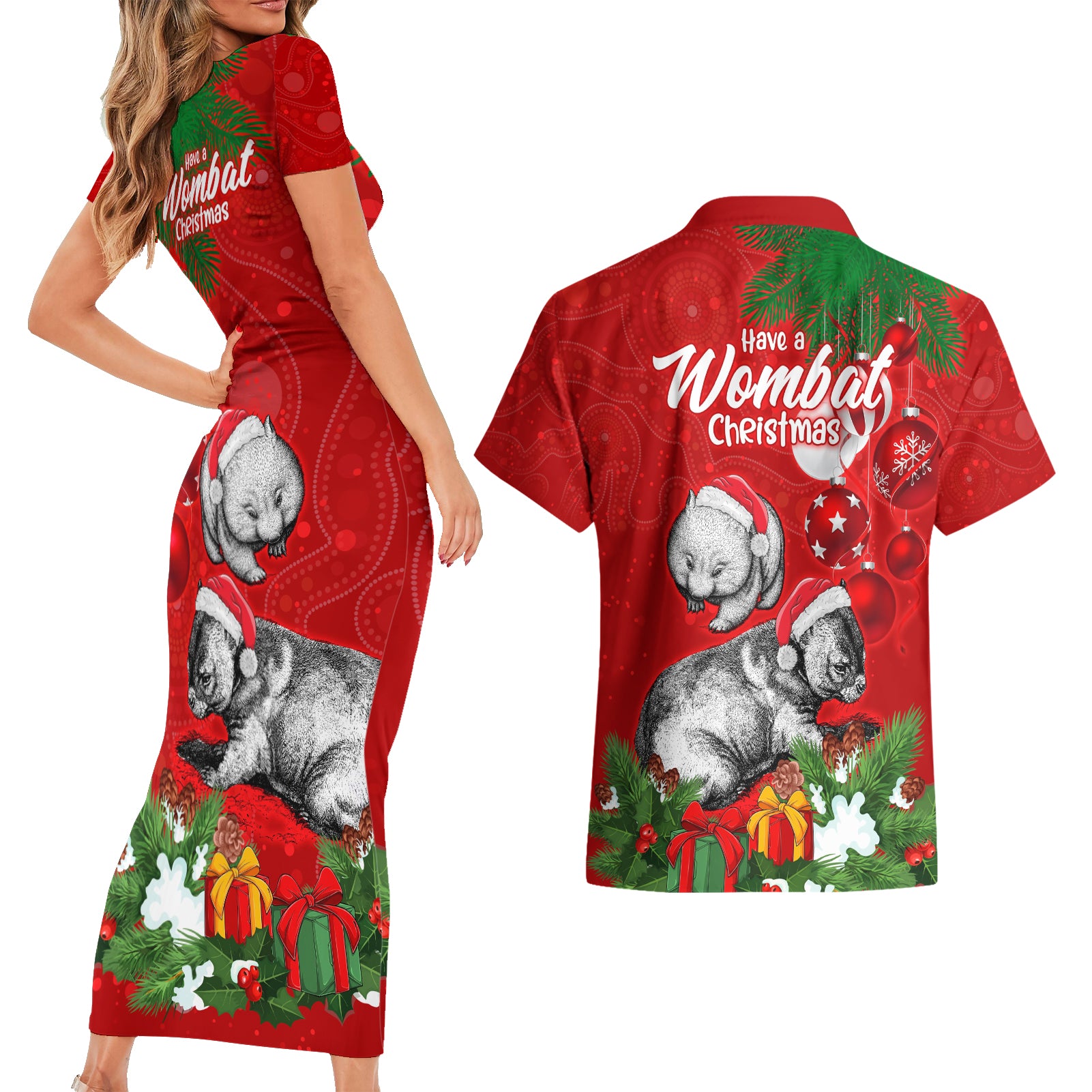 wombat-lover-couples-matching-short-sleeve-bodycon-dress-and-hawaiian-shirt-australia-merry-christmas-aboriginal