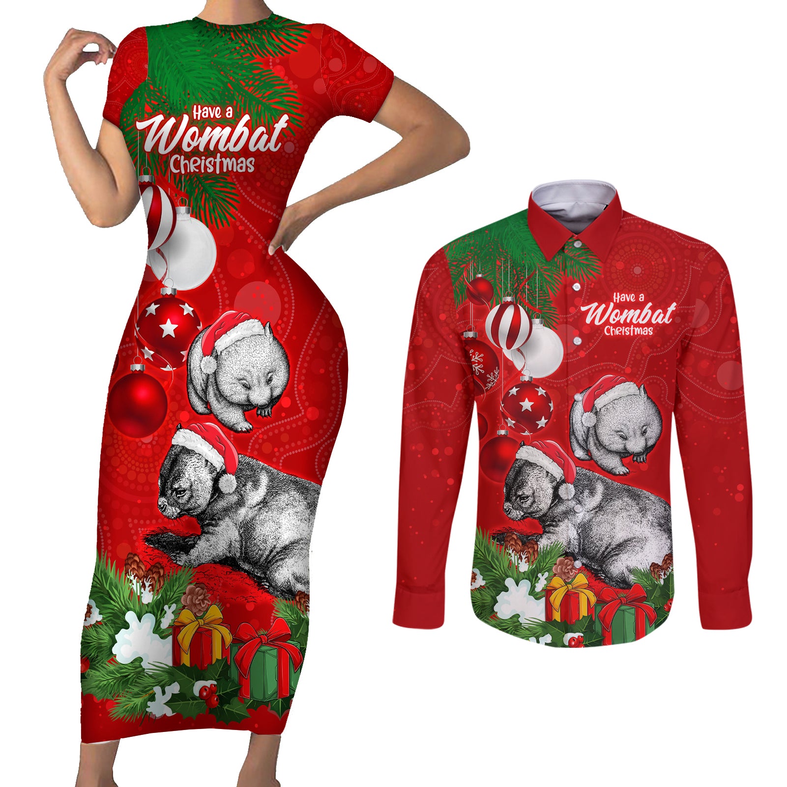 wombat-lover-couples-matching-short-sleeve-bodycon-dress-and-long-sleeve-button-shirt-australia-merry-christmas-aboriginal