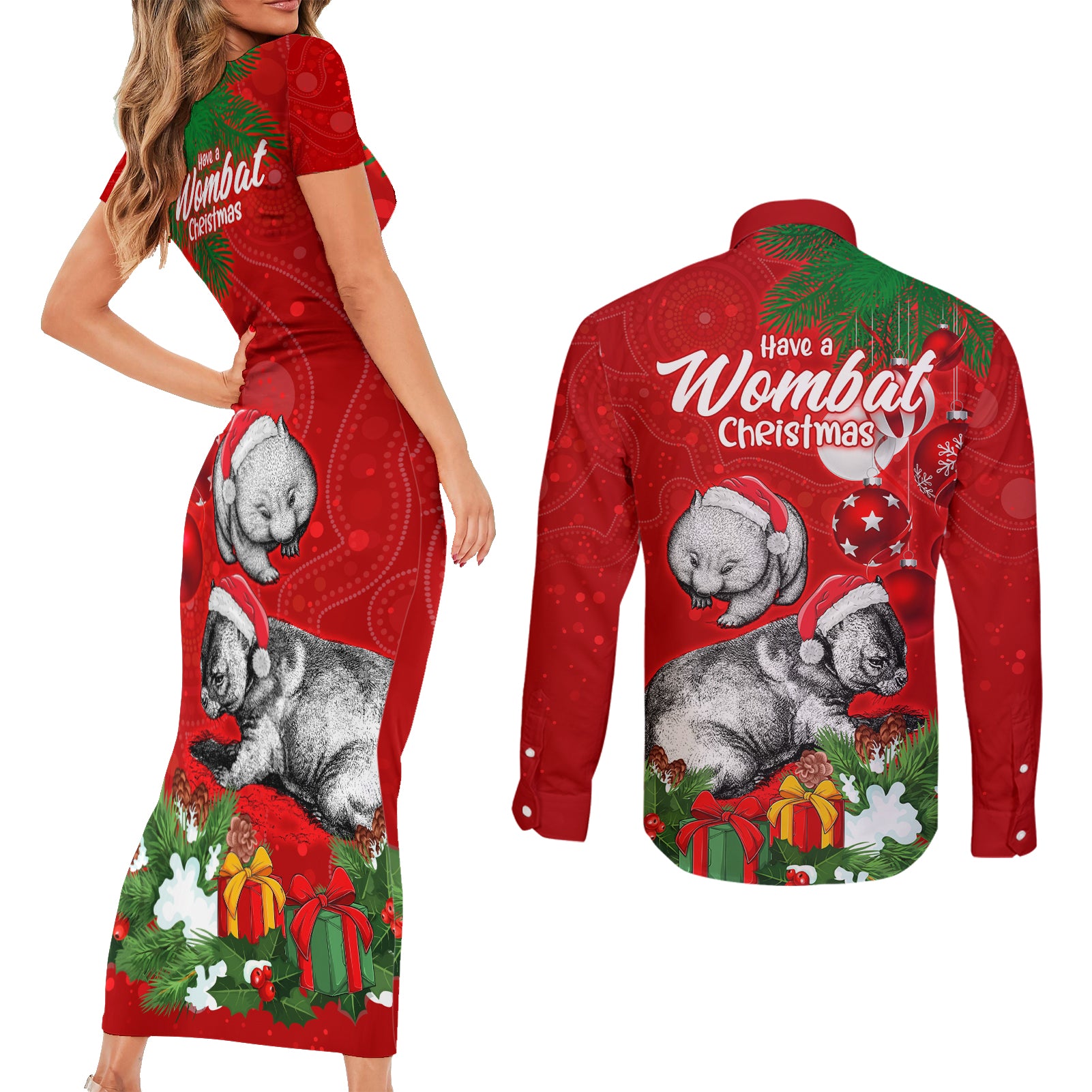 wombat-lover-couples-matching-short-sleeve-bodycon-dress-and-long-sleeve-button-shirt-australia-merry-christmas-aboriginal