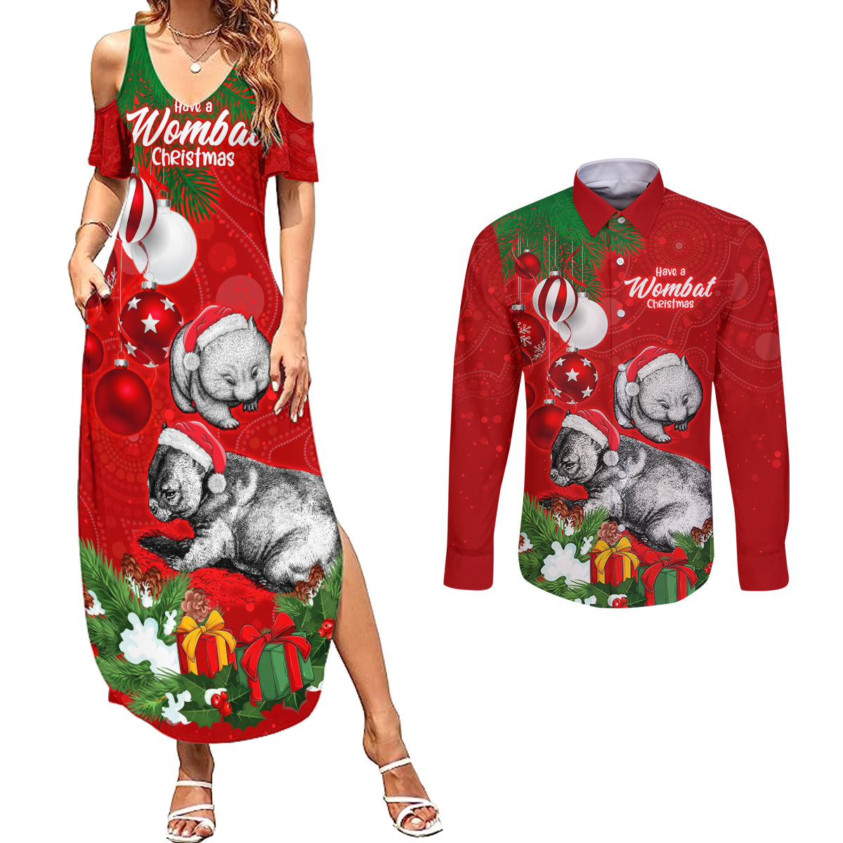 wombat-lover-couples-matching-summer-maxi-dress-and-long-sleeve-button-shirt-australia-merry-christmas-aboriginal