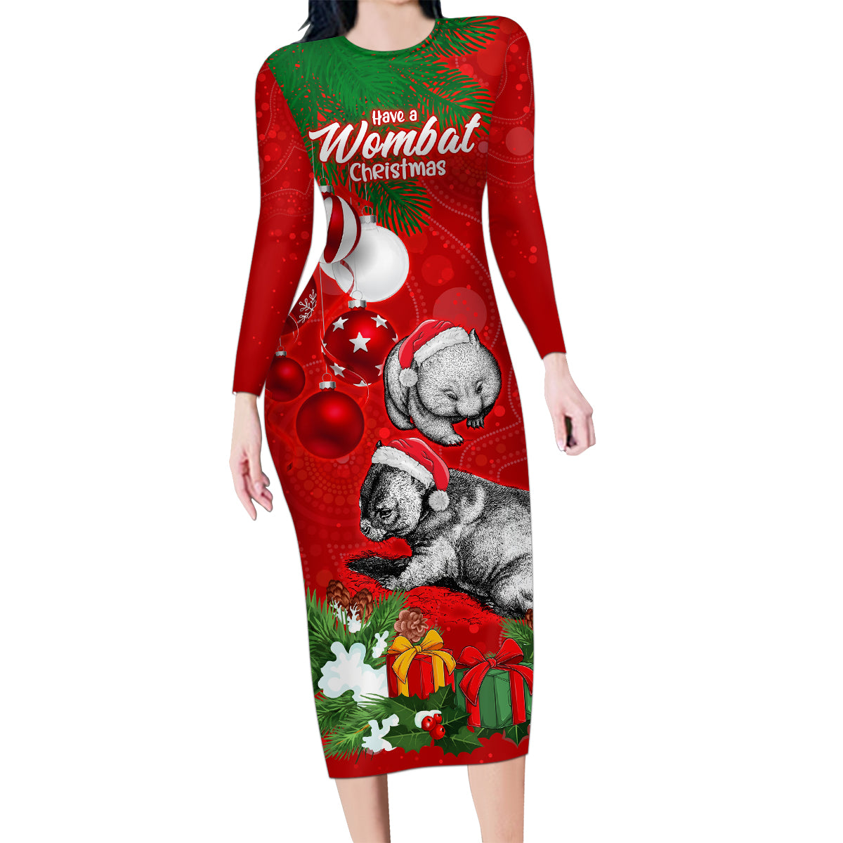 wombat-lover-family-matching-long-sleeve-bodycon-dress-and-hawaiian-shirt-australia-merry-christmas-aboriginal