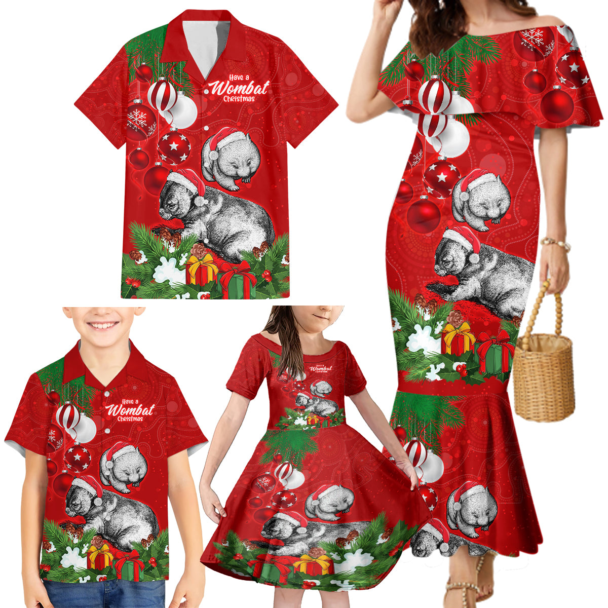 wombat-lover-family-matching-mermaid-dress-and-hawaiian-shirt-australia-merry-christmas-aboriginal