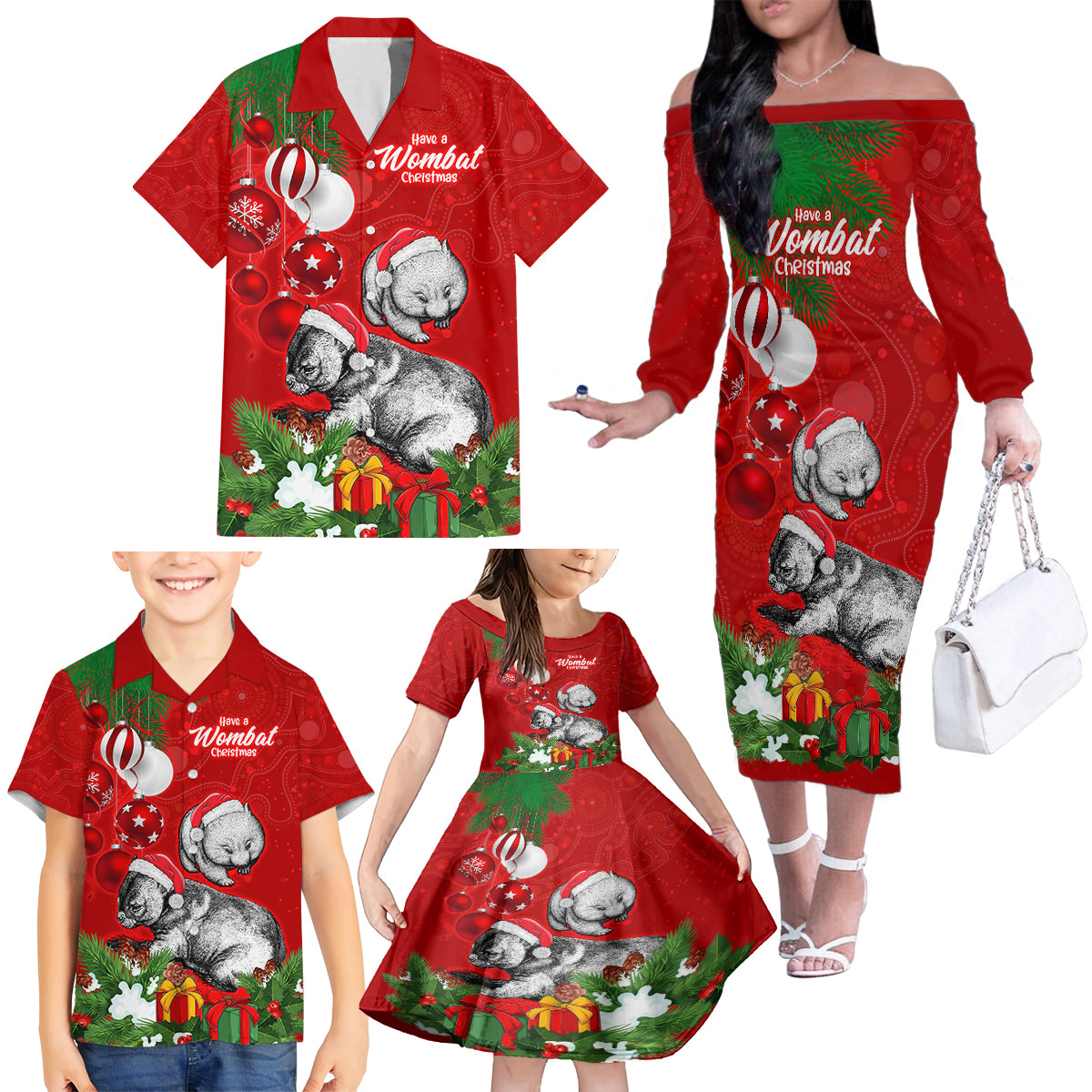 wombat-lover-family-matching-off-shoulder-long-sleeve-dress-and-hawaiian-shirt-australia-merry-christmas-aboriginal