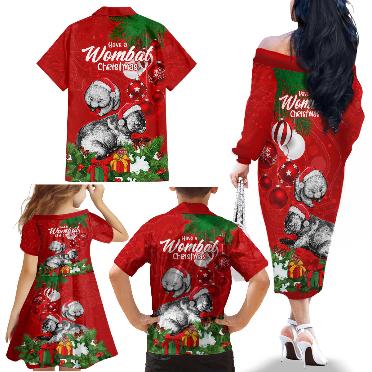 wombat-lover-family-matching-off-shoulder-long-sleeve-dress-and-hawaiian-shirt-australia-merry-christmas-aboriginal