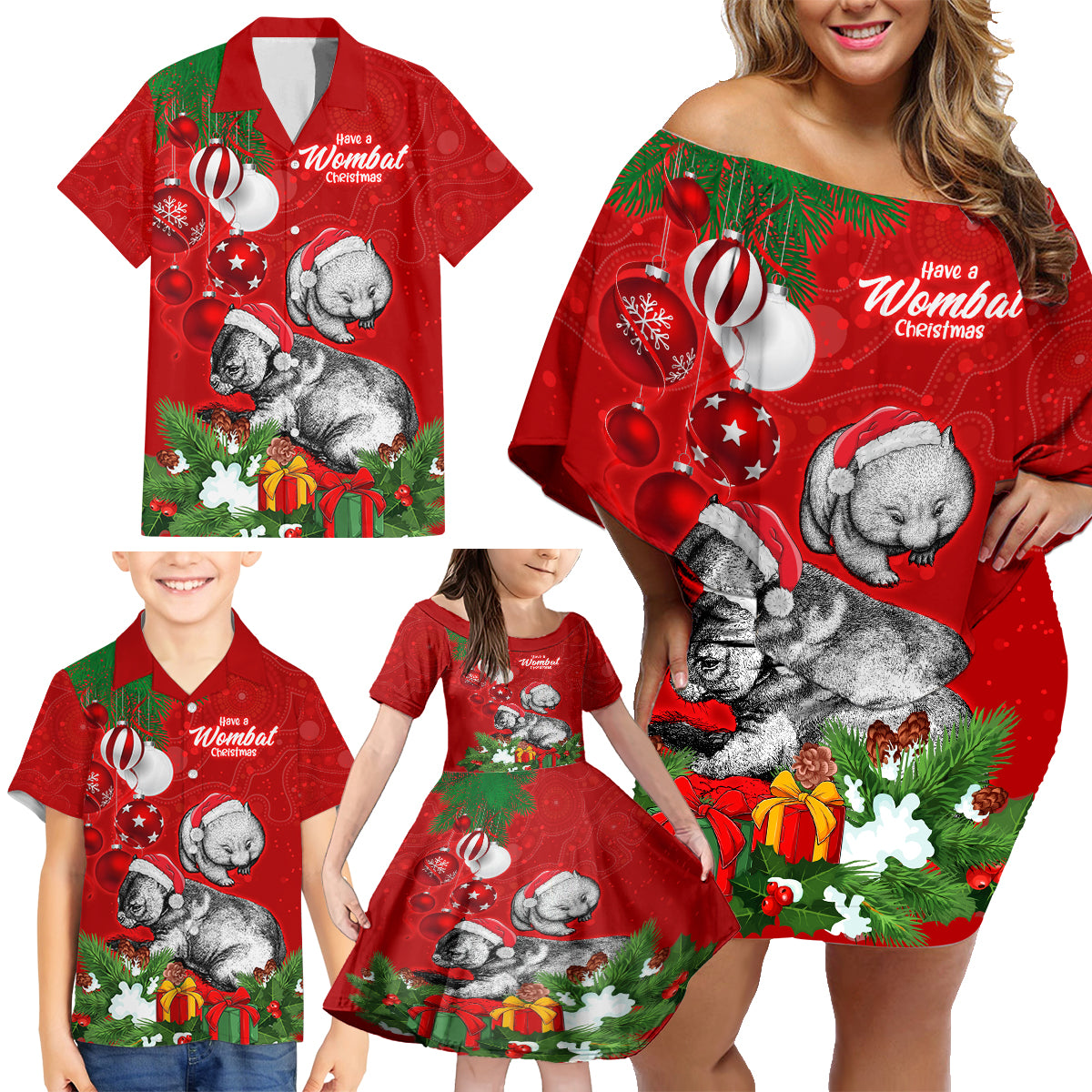 wombat-lover-family-matching-off-shoulder-short-dress-and-hawaiian-shirt-australia-merry-christmas-aboriginal