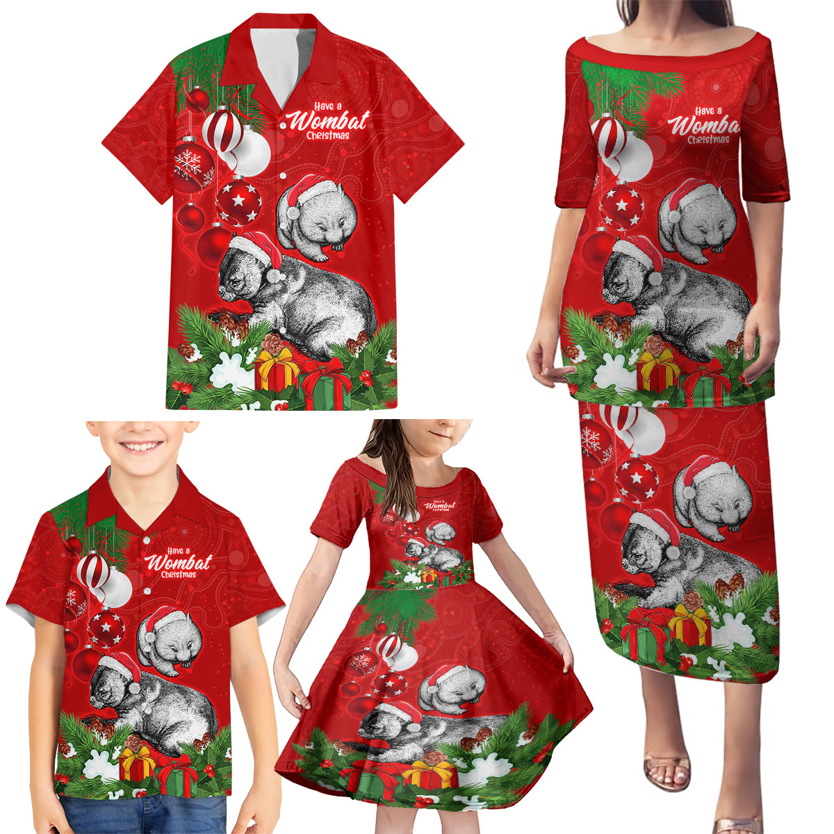 wombat-lover-family-matching-puletasi-dress-and-hawaiian-shirt-australia-merry-christmas-aboriginal