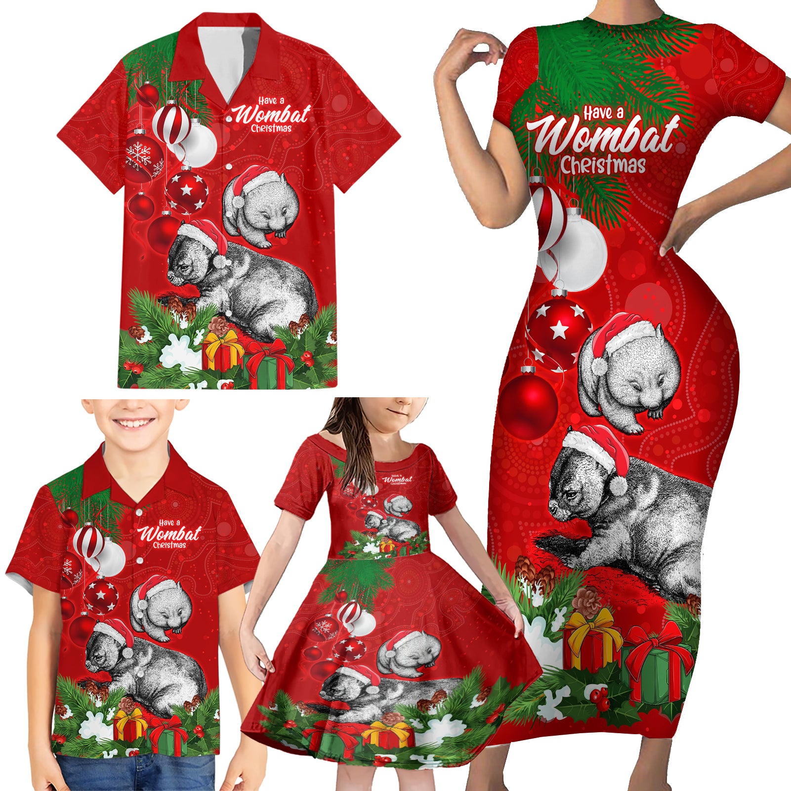 wombat-lover-family-matching-short-sleeve-bodycon-dress-and-hawaiian-shirt-australia-merry-christmas-aboriginal