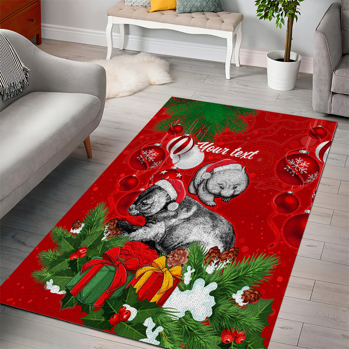 personalised-wombat-lover-area-rug-australia-merry-christmas-aboriginal