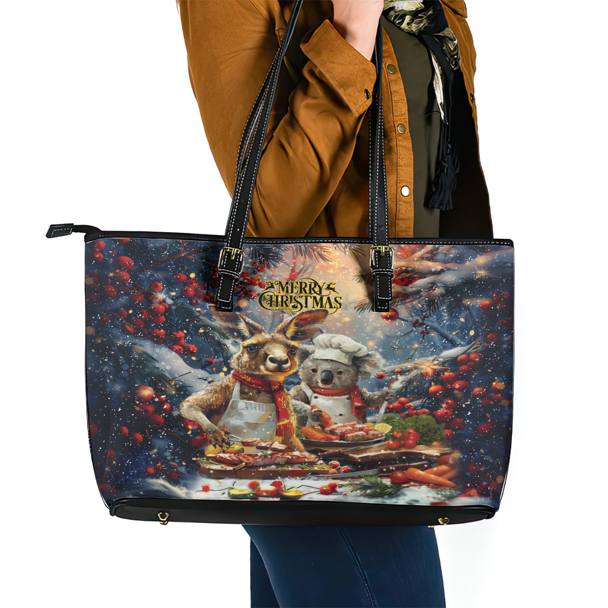 Aussie Christmas Kangaroo and Koala Leather Tote Bag