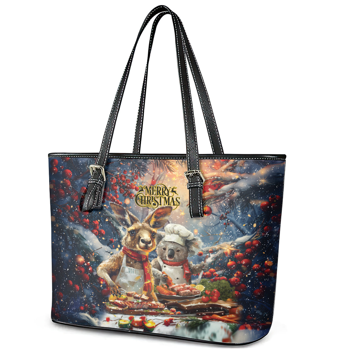 Aussie Christmas Kangaroo and Koala Leather Tote Bag