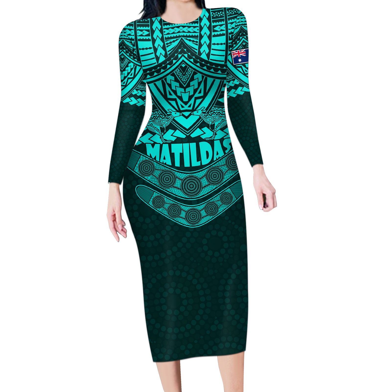 matildas-soccer-long-sleeve-bodycon-dress-polynesian-and-aboriginal-turquoise-vibe