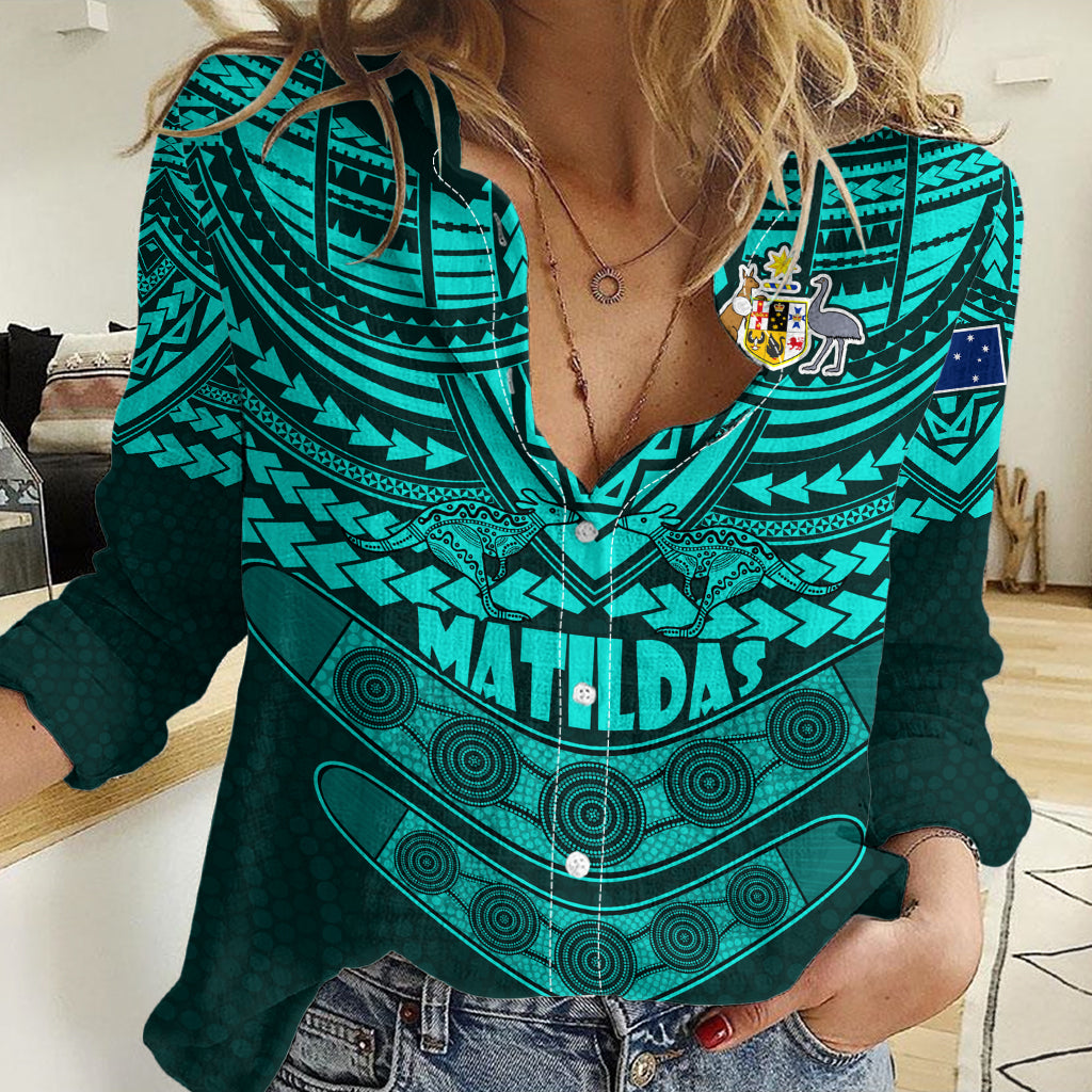 Matildas Soccer Women Casual Shirt Polynesian and Aboriginal Turquoise Vibe LT9