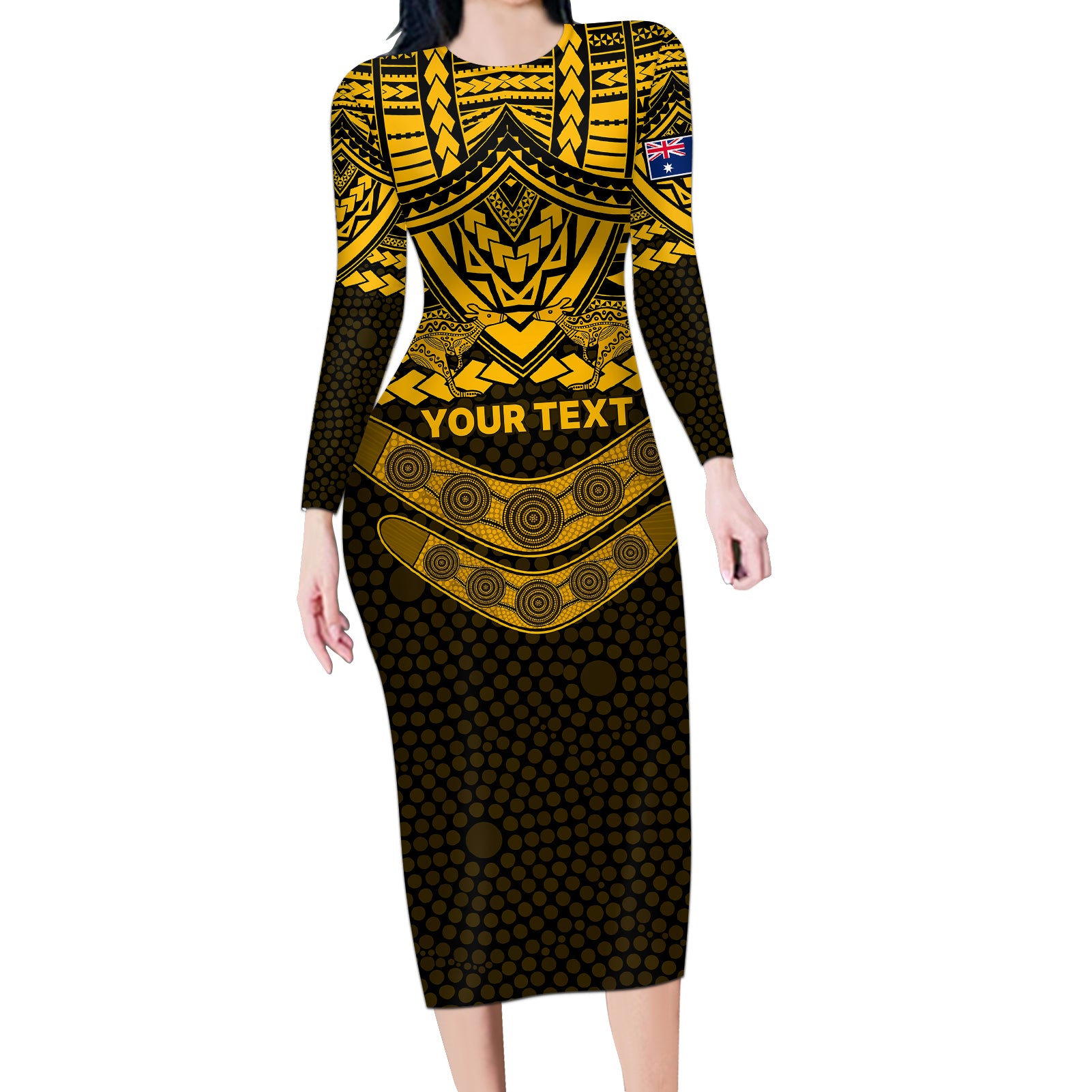 custom-matildas-soccer-long-sleeve-bodycon-dress-polynesian-and-aboriginal-gold-vibe