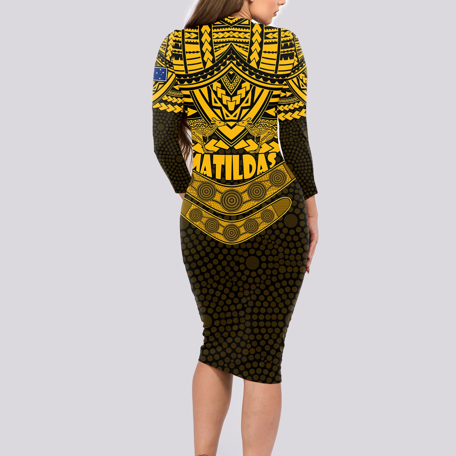 custom-matildas-soccer-long-sleeve-bodycon-dress-polynesian-and-aboriginal-gold-vibe