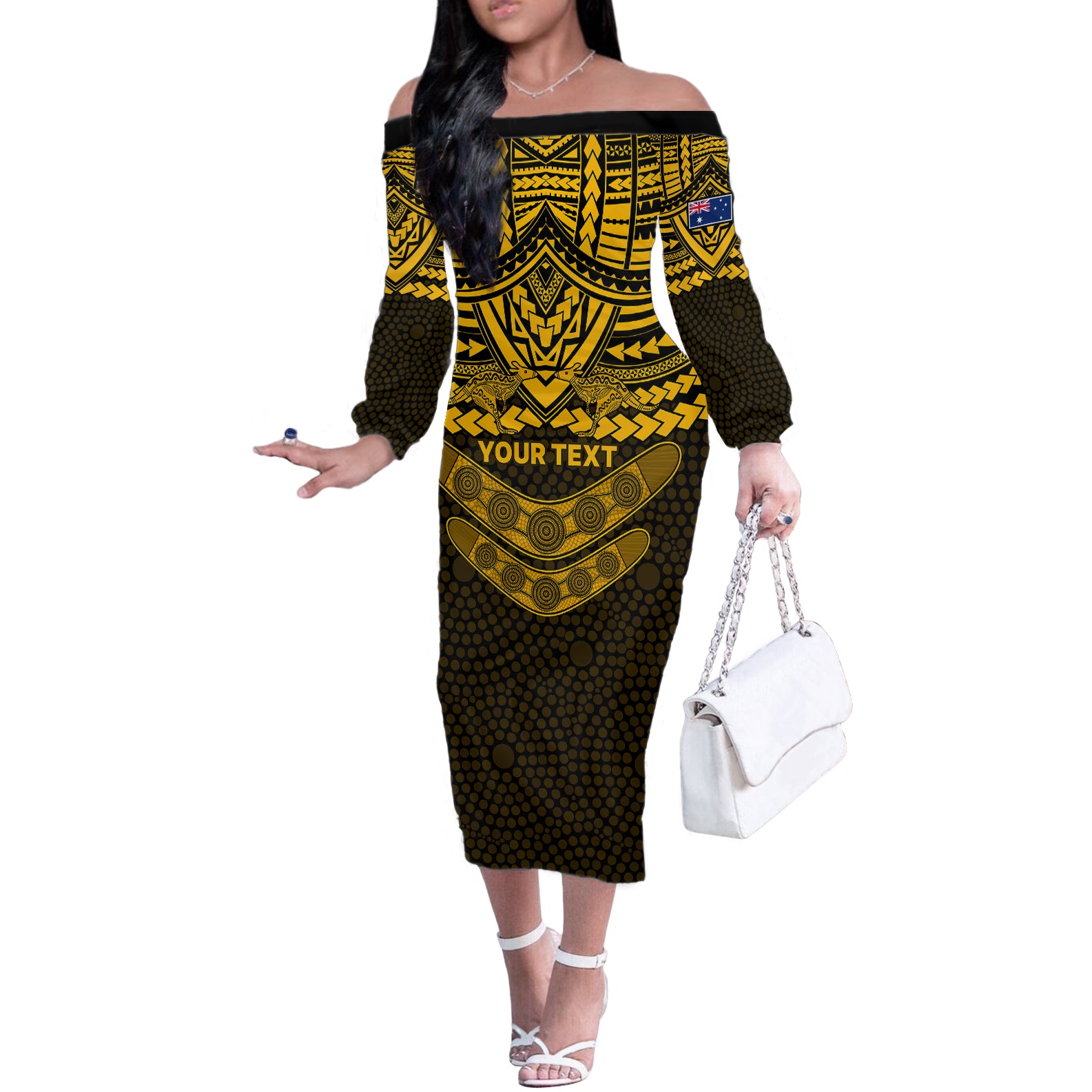 custom-matildas-soccer-off-the-shoulder-long-sleeve-dress-polynesian-and-aboriginal-gold-vibe