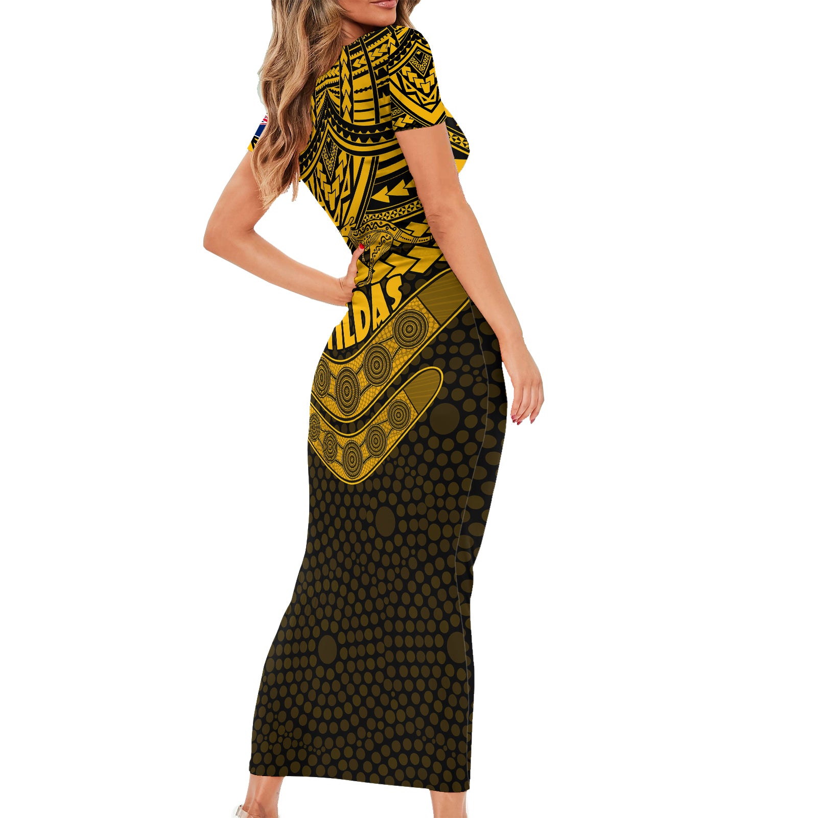 custom-matildas-soccer-short-sleeve-bodycon-dress-polynesian-and-aboriginal-gold-vibe