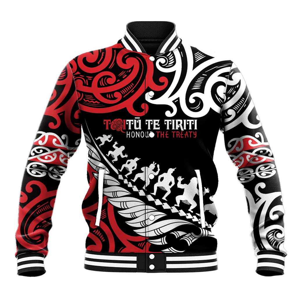 Honour The Treaty New Zealand Personalised Baseball Jacket Toitu Te Tiriti Half Fern with Haka dance