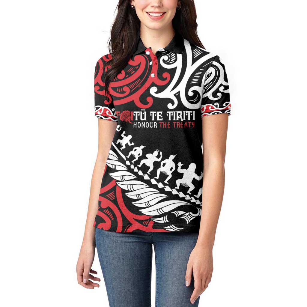 Honour The Treaty New Zealand Personalised Women Polo Shirt Toitu Te Tiriti Half Fern with Haka dance