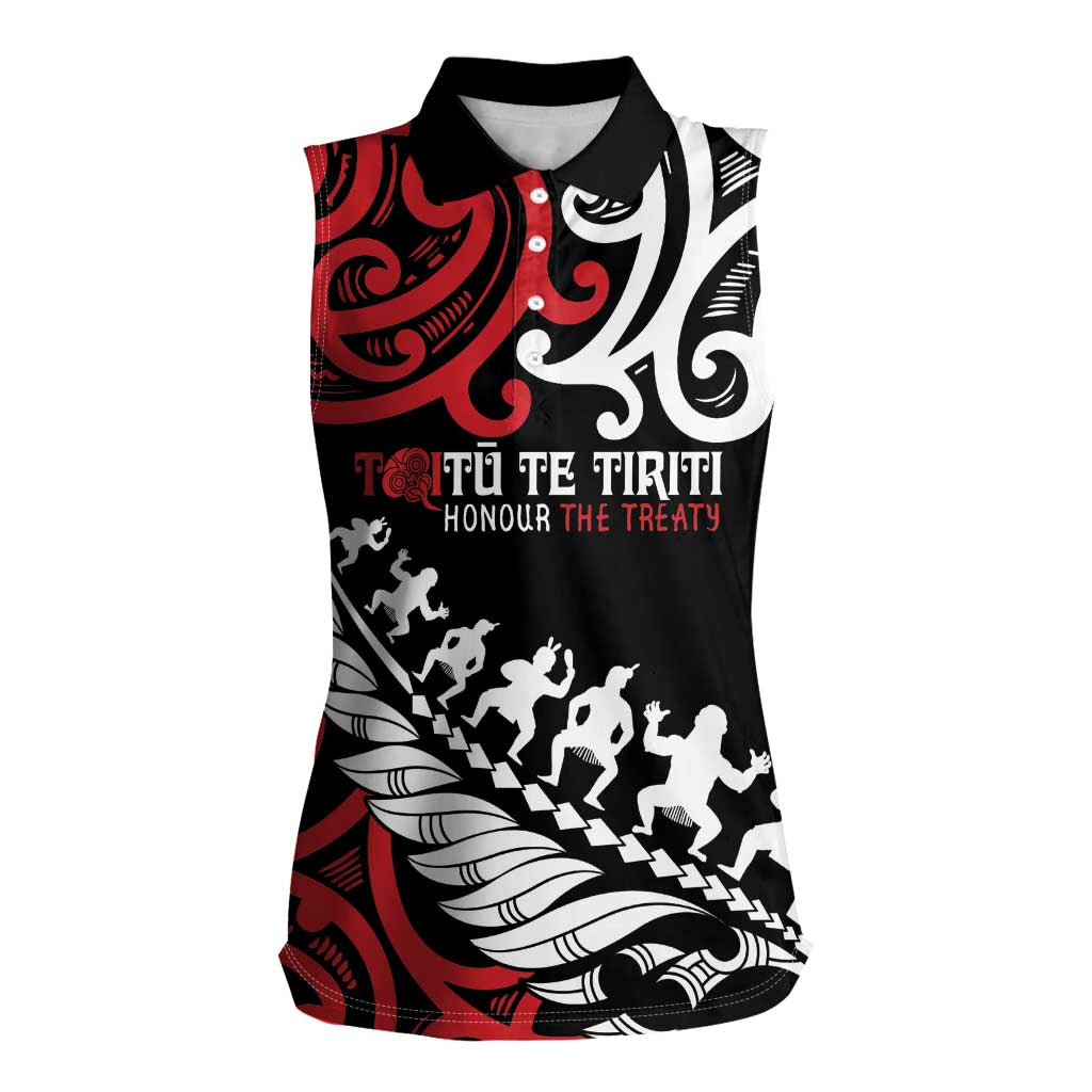 Honour The Treaty New Zealand Personalised Women Sleeveless Polo Shirt Toitu Te Tiriti Half Fern with Haka dance