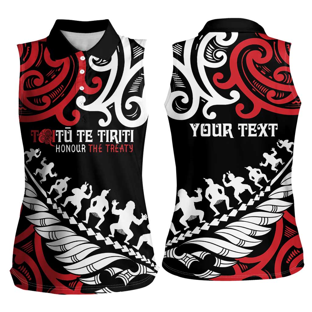 Honour The Treaty New Zealand Personalised Women Sleeveless Polo Shirt Toitu Te Tiriti Half Fern with Haka dance