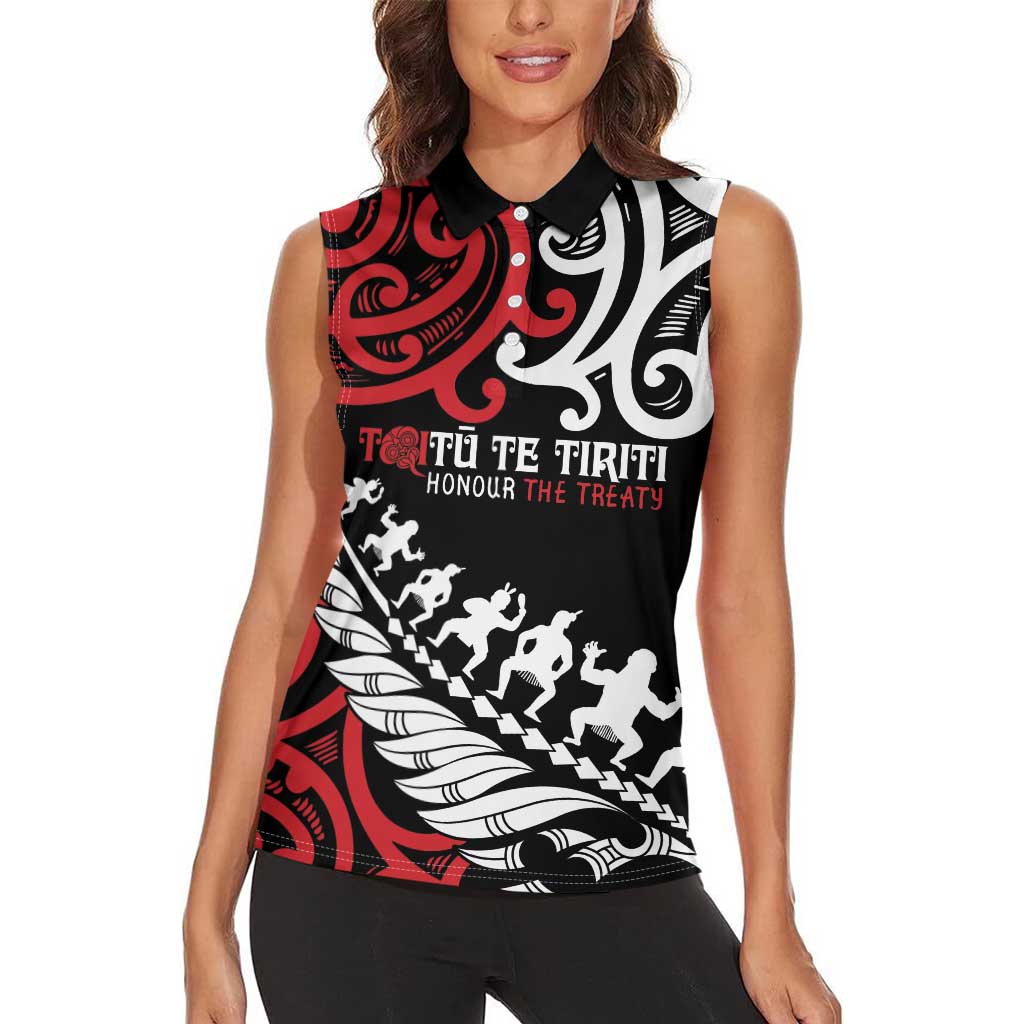 Honour The Treaty New Zealand Personalised Women Sleeveless Polo Shirt Toitu Te Tiriti Half Fern with Haka dance