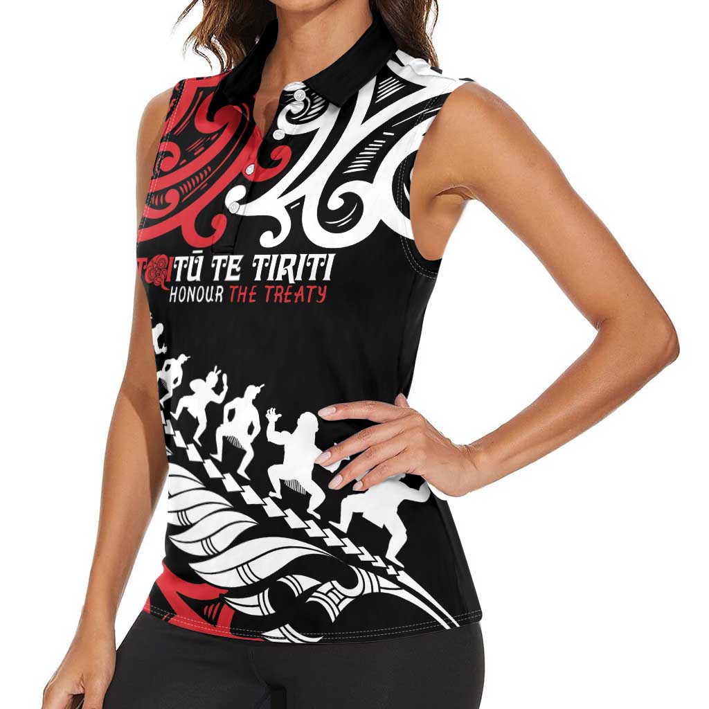 Honour The Treaty New Zealand Personalised Women Sleeveless Polo Shirt Toitu Te Tiriti Half Fern with Haka dance