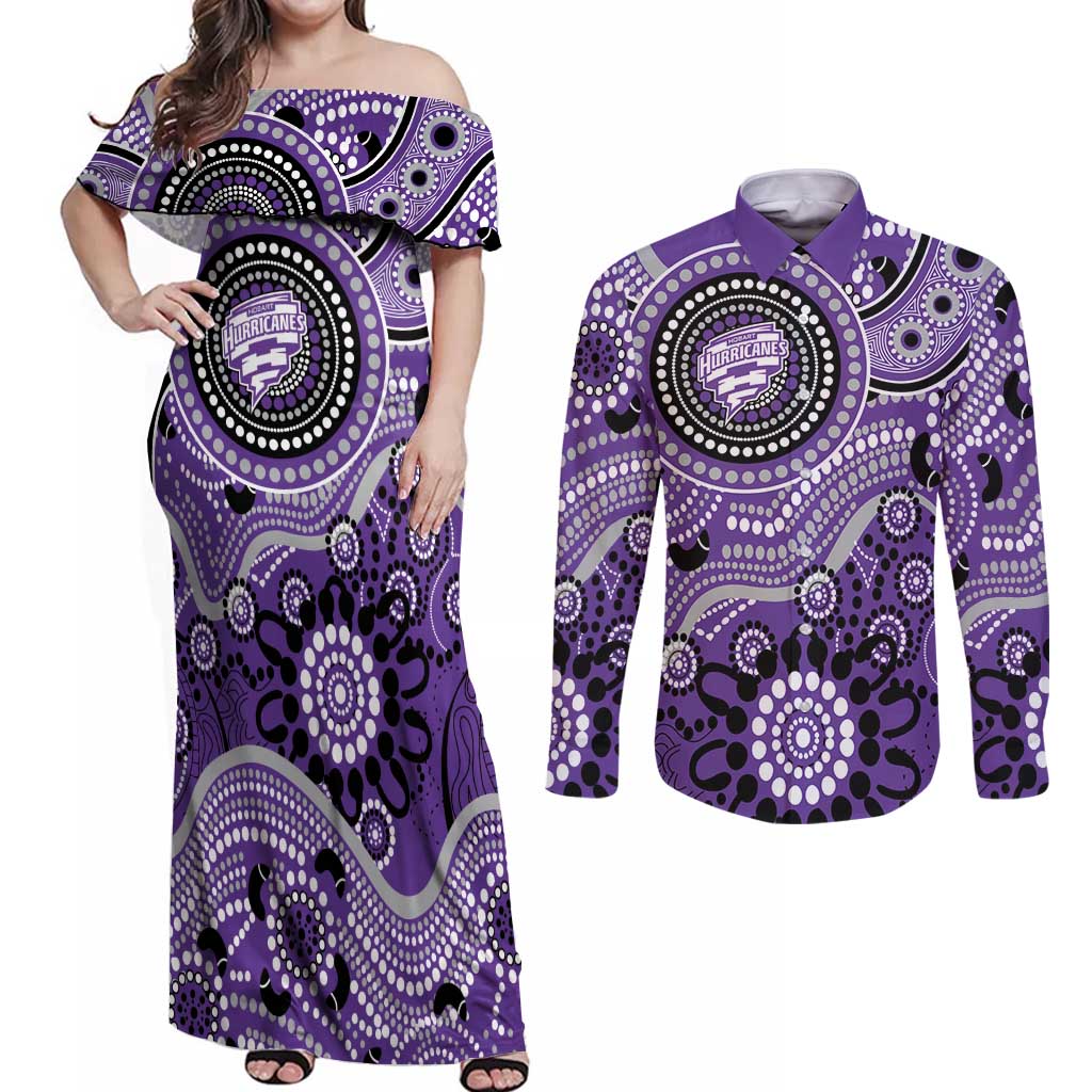 Hurricanes Cricket Custom Couples Matching Off Shoulder Maxi Dress and Long Sleeve Button Shirt Australian Aboriginal