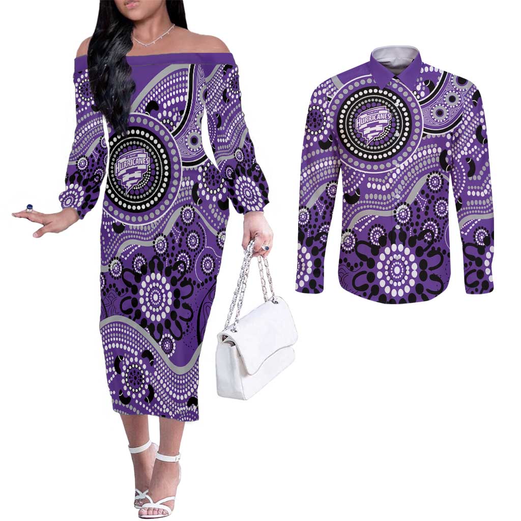 Hurricanes Cricket Custom Couples Matching Off The Shoulder Long Sleeve Dress and Long Sleeve Button Shirt Australian Aboriginal