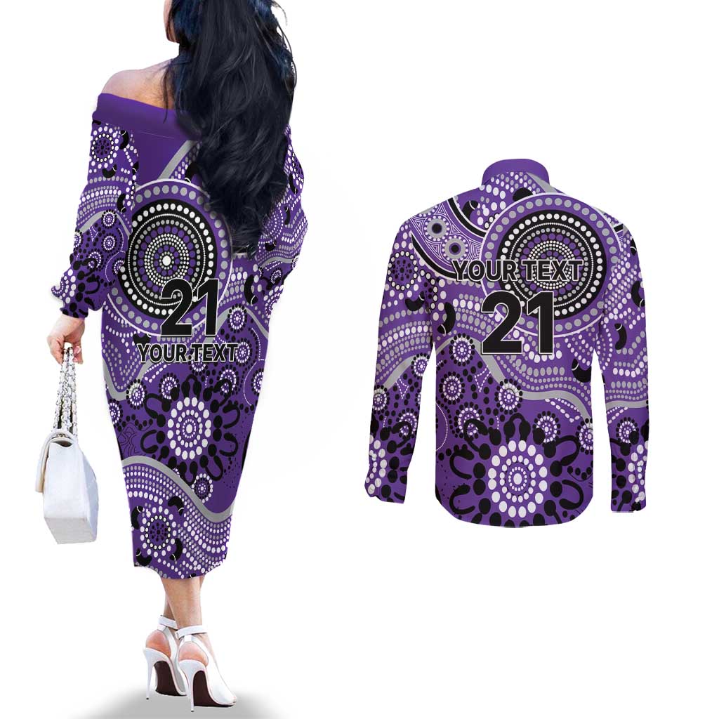 Hurricanes Cricket Custom Couples Matching Off The Shoulder Long Sleeve Dress and Long Sleeve Button Shirt Australian Aboriginal