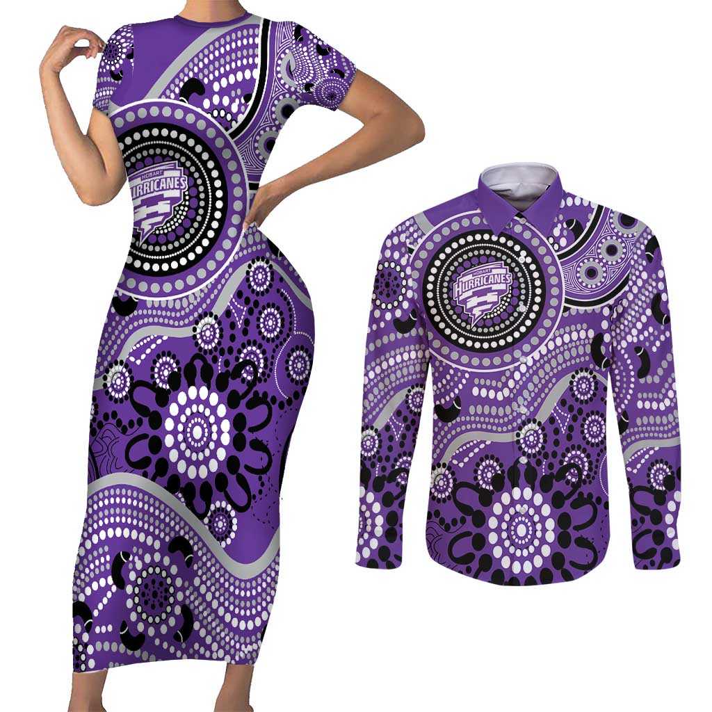 Hurricanes Cricket Custom Couples Matching Short Sleeve Bodycon Dress and Long Sleeve Button Shirt Australian Aboriginal